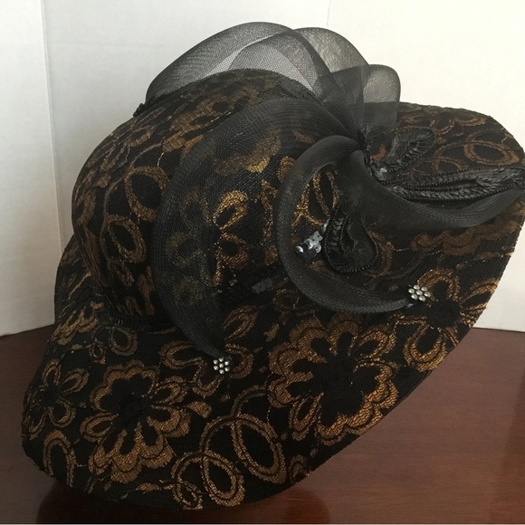 Dramatic Black and Gold Wide-Brimmed Hat- by Mr Hi’s rhinestones, sequins. - Picture 4 of 9